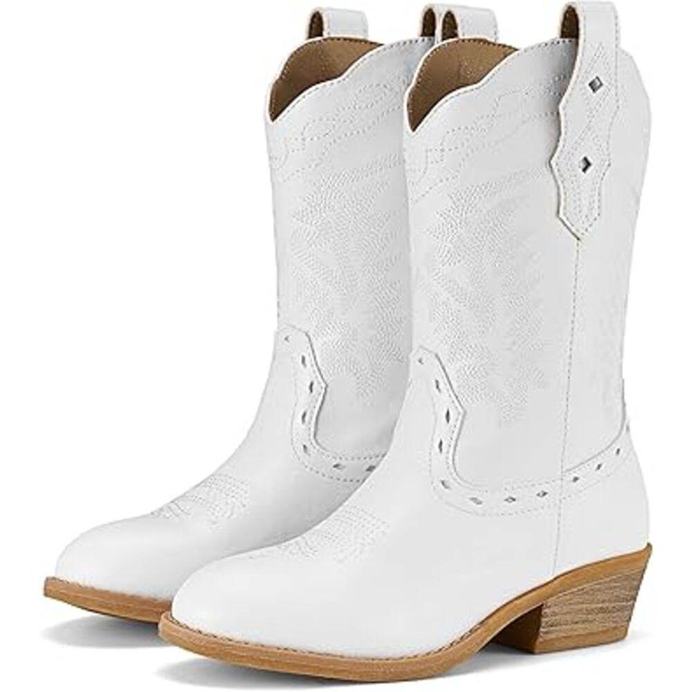 Rollda Girls Size 5 White Faux Leather 1.5" Heel Pull On Western Cowboy Boots